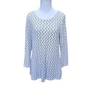 Tianello Ballet Tee White Tan Textured Scoop Neck Long Sleeve Top Sz M